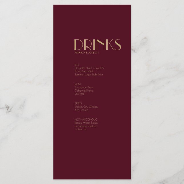 Deco do Tipo Dourado | Menu Burgundy Wedding Drink (Frente)
