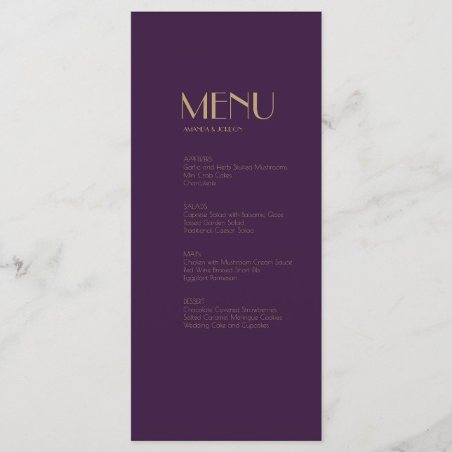 Deco do Tipo Dourado | Menu Jantar Roxo Escuro (Frente)