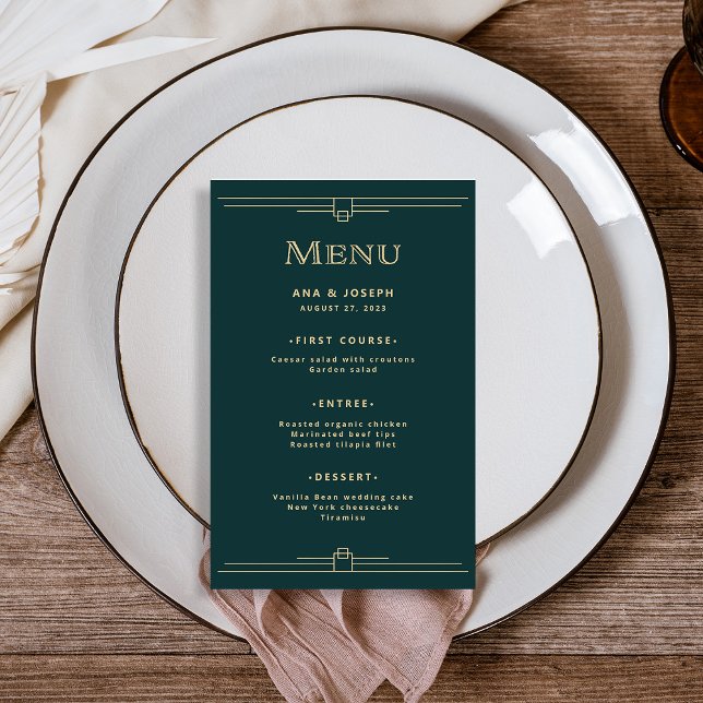 Deco Moderno | Elegante Emerald Green Wedding Menu (An elegant, rich emerald green wedding menu in art deco style, with champagne gold accents)