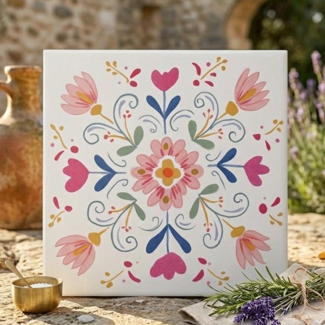 Decoração Botânica Macia Rosa e Azul Arte Popular (Pink and Blue Soft Botanical Folk Art Decorative Ceramic Tile)