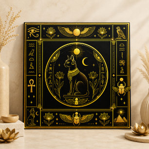 Decoração com Gato Bastet Ouro Preto Símbolo Egípc