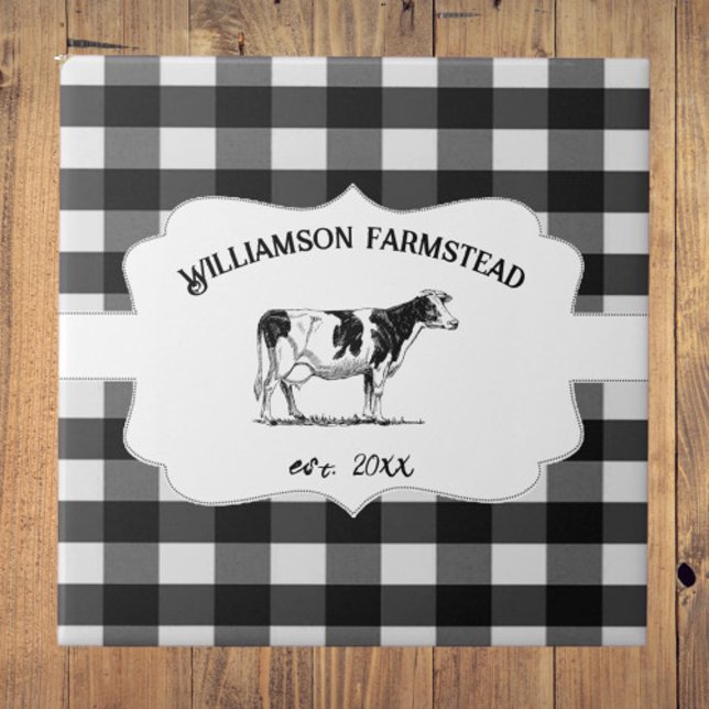 Decoração da Xadrez de Buffalo Negro (Black Buffalo Plaid Farm Cow Decorative Ceramic Tile)