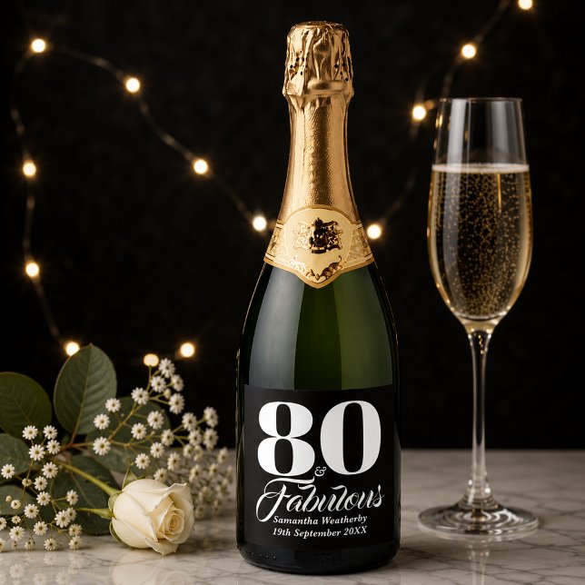 Decoração de Celebração Preto e Branco de 80 Anos (80th Birthday Black White Celebration Decor Sparkling Wine Label)