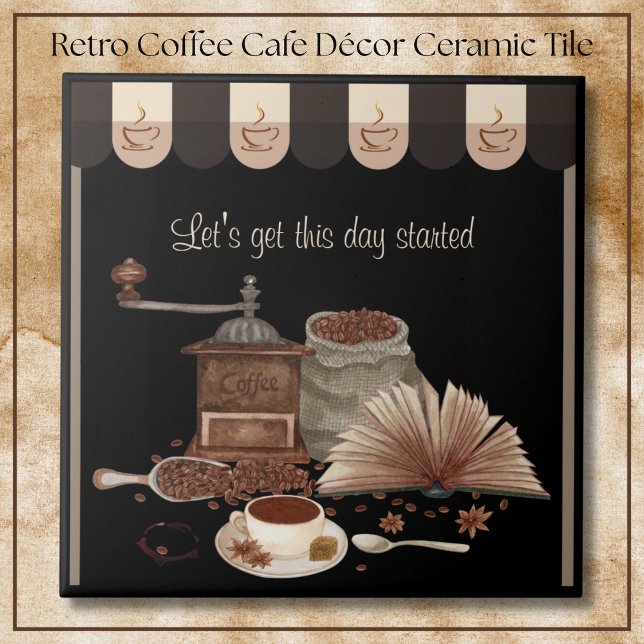 Decoração de Cozinha Moedor de Café Preto Retro In (Inspiring Black Retro Coffee Grinder Kitchen Décor Ceramic Tile)