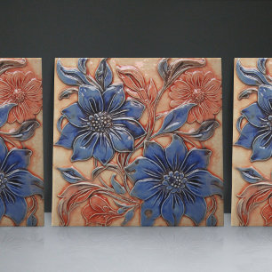 Decoração de Parede Floral Azul Marinho Laranja Qu