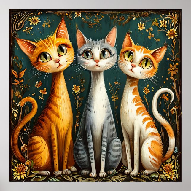 Decoração de parede Trio de Gatos Coloridos e Fofo (Frente)