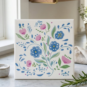 Decoração Floral em Arte Popular Azul e Rosa