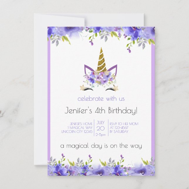 Decorações de Aniversário de Unicórnio Violeta Fre (Frente)