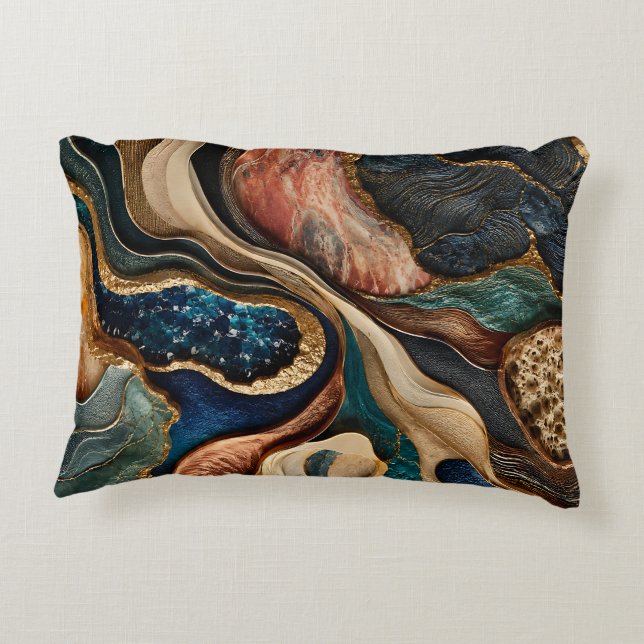 Decorativa Almofada Abstrata Terrosa Azul Teal e Bronze Doura (Verso)