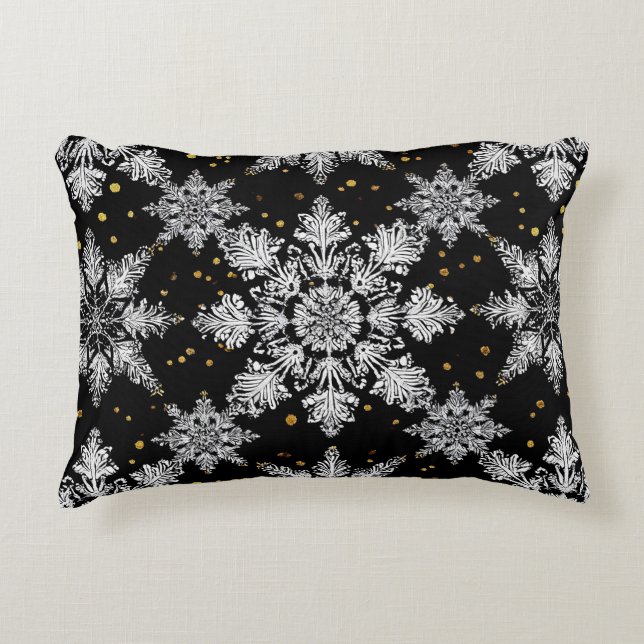 Decorativa ☃️ Almofada com Acento Preto de Floco de Neve 3D D (Frente)