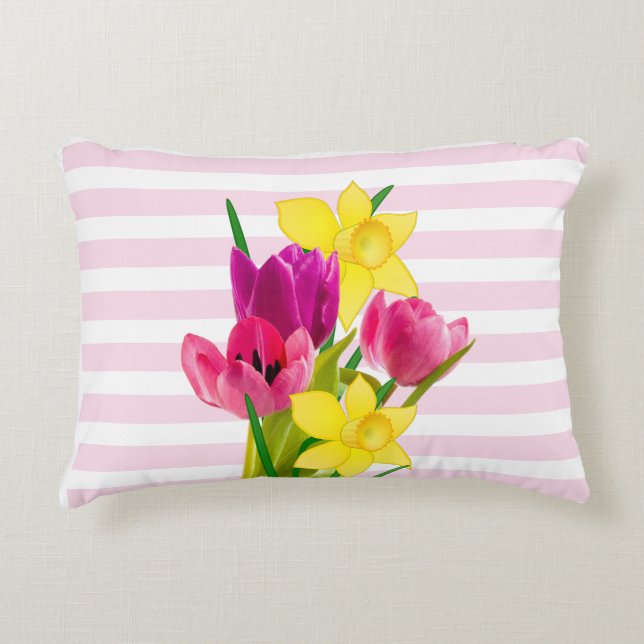 Decorativa  Almofada de Acento de Tulipas e Narcisos Rosa (Frente)