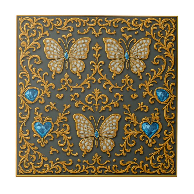 Decorative Butterfly Design in Gold and Blue  (Frente)