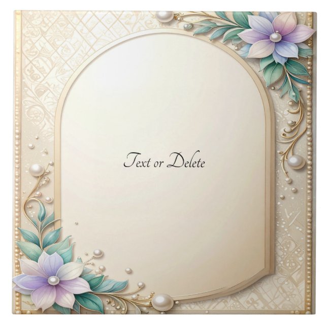 Decorative Floral Frame with Pearls Ceramic Tile (Frente)