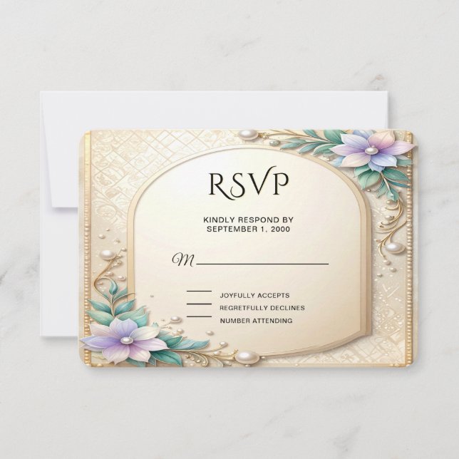 Decorative Floral Frame with Pearls RSVP Card (Frente)
