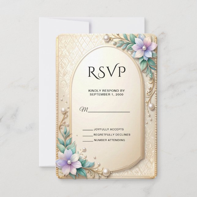 Decorative Floral Frame with Pearls RSVP Card (Frente)