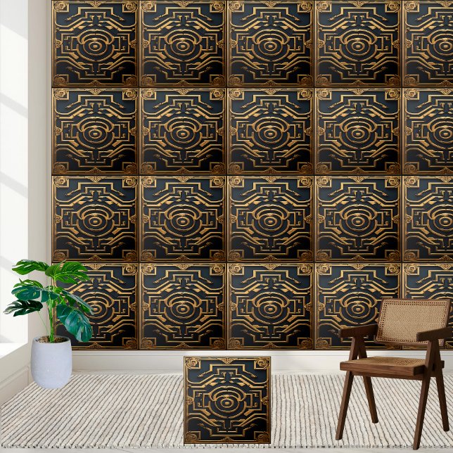 Decorativo Grego Dourado Sólido Elegante (Elegant Solid Black Gold Greek Decorative Ceramic Tile)