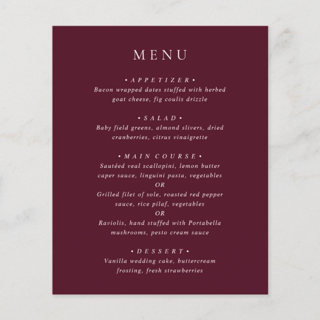 Deep Burgundy Elegant Classic Budget Wedding Menu (Frente)
