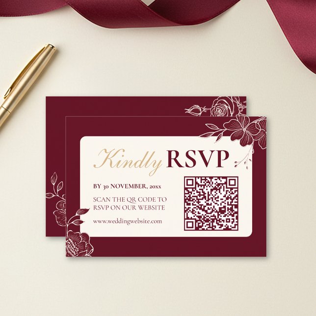 Deep Burgundy Floral Wedding RSVP with QR Code (Deep Burgundy Floral Line Art RSVP with Barcode Wedding Enclosure Card)