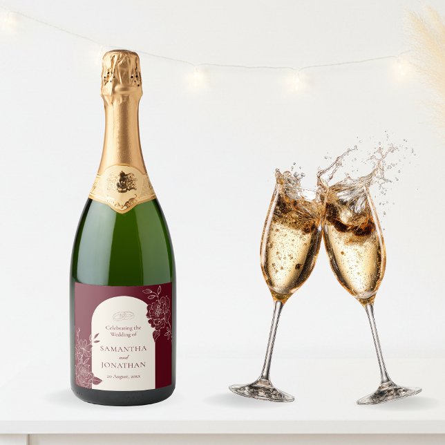 Deep Burgundy Floral with Ivory Arch Wedding (Deep Burgundy Floral Line Art with Ivory Arch Wedding Wine Champagne Label)