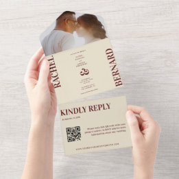 Deep Red & Ivory Typography QR Code Wedding  