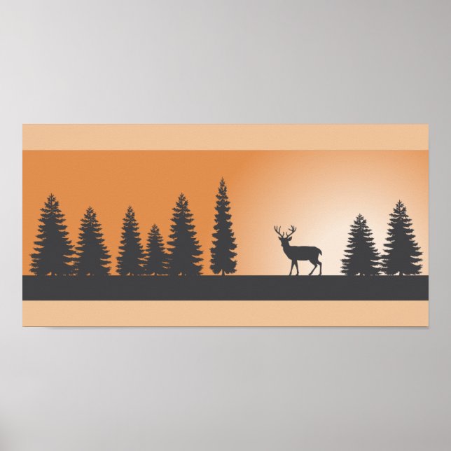 Deer and Pine Trees Silhouette Poster (Frente)