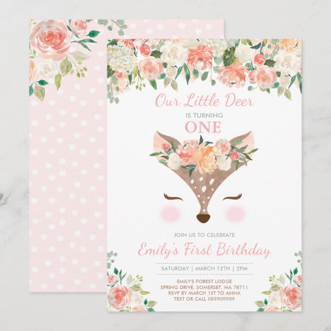 Deer Birthday Convite Floral Woodland Deer (Frente/Verso)