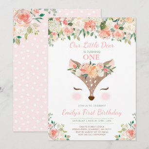 Deer Birthday Convite Floral Woodland Deer