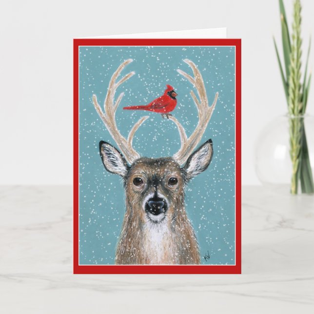 Deer, Cardeal, Neve, Cartão de Natal (Frente)