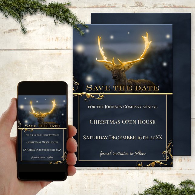 Deer Christmas Open House Salve o cartão de data (Save the Date Christmas invitation, showing a stylized glow-in-the-dark deer on blue sparkle lights)