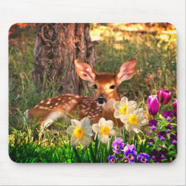 Deer Fawn na Floresta com Tulips Mousepad