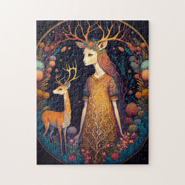 Deer Lady Fantasy Art Jigsee Quebra-cabeça (Vertical)