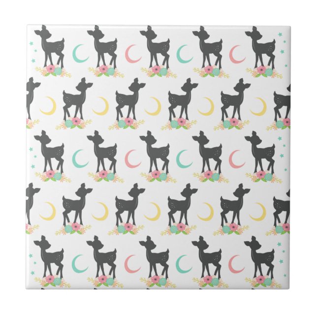 Deer Pattern, Baby Deer, Boho, Flores, Lua (Frente)
