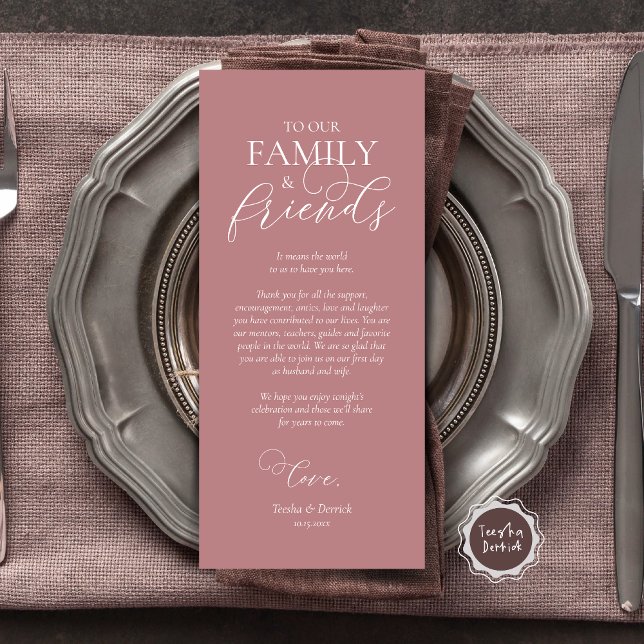 Definição de Local de janto Obrigado Cartão de Cal (Wedding Dinner Place Setting Thank You Card, Modern Romantic Script, Plate Decor, Dusty Rose Pink)