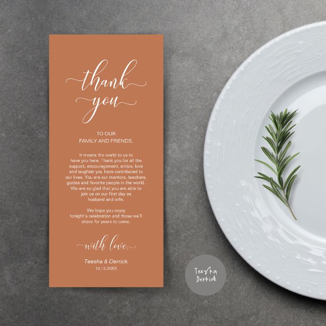 Definição De Lugar Obrigado, Cartão Marrom Elegant (Wedding Dinner Place Setting Thank You Card, Modern Classy Design, Copper Rust Brown)