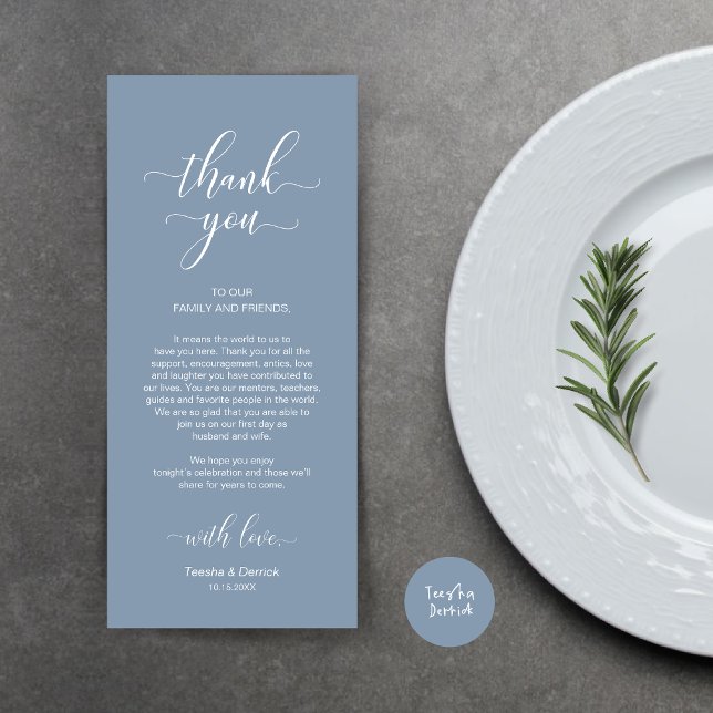 Definição De Lugar Obrigado, Elegante Cartão Azul  (Wedding Dinner Place Setting Thank You Card, Modern Classy Design, Dusty Blue)