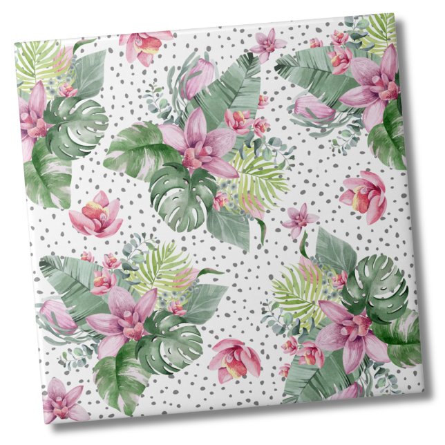 Deixa o padrão tropical floral (Cute Trendy Dot Floral Watercolor Tropical Pattern Ceramic Tile)