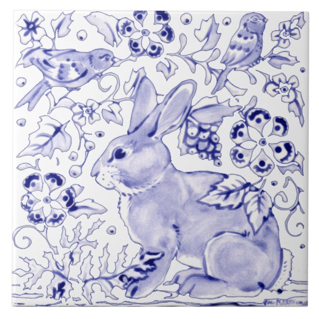 Delft Blue Bunny Rabbit Bird Dedham Elegante Russo (Frente)