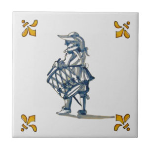 Delft Drummer Azulejo c 1890 em azul, Cinza e amar