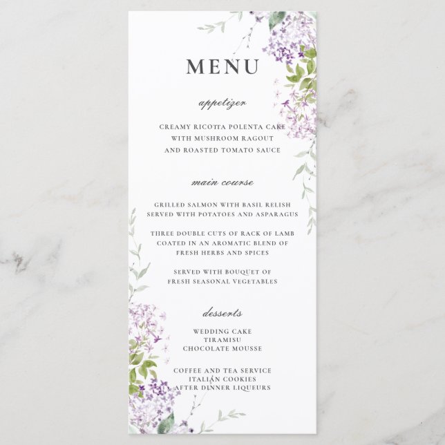 Delicado Lilac Purple Floral Greenery Menu Casamen (Frente)