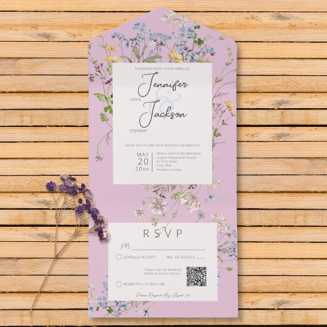 Delicar Boho Wildflower Rosa Código QR (Delicate Boho Wildflowers Pink QR Code All In One Invitation)