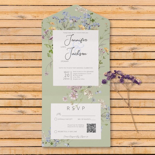 Delicar Boho Wildflower Sage Green Código QR (Delicate Boho Wildflowers Sage Green QR Code All In One Invitation)