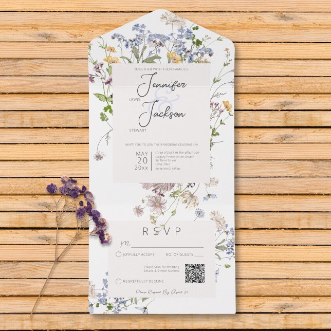Delicar Boho Wildflower White Código QR (Delicate Boho Wildflowers White QR Code All In One Invitation)