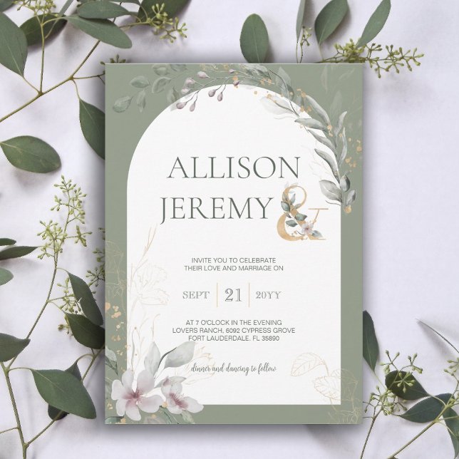 Delicar Convite de casamento de Arca Verde da Sage (botanical sage green gold arch wedding invite)