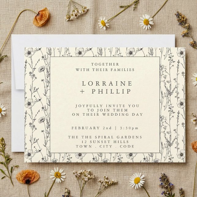 Delicar convite para casamento do padrão das flore (Delicate wild flowers pattern wedding invitation.)