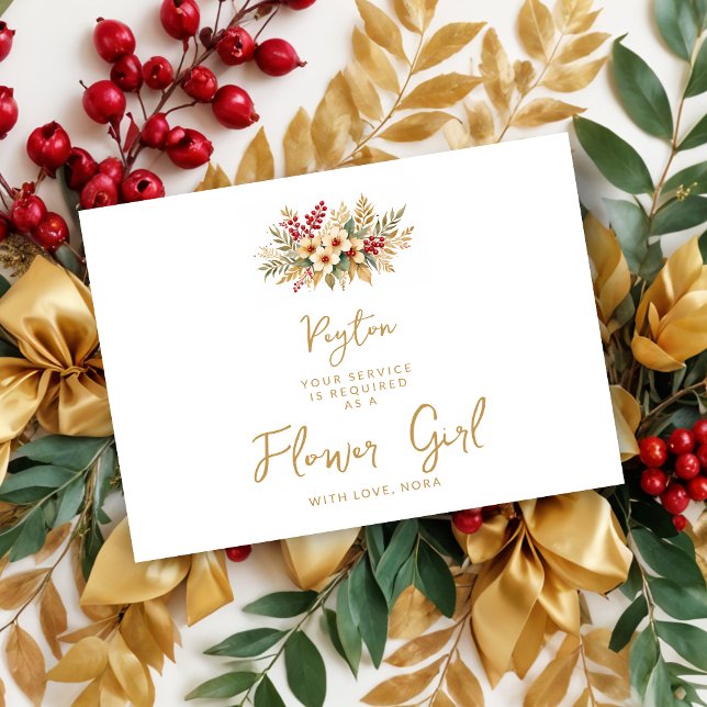 Delicar Glam Christmas Floral Dourada Flower Girl (Delicate Glam Christmas Floral Bouquet in Faux Gold Flower Girl Wedding Proposals Cards. )