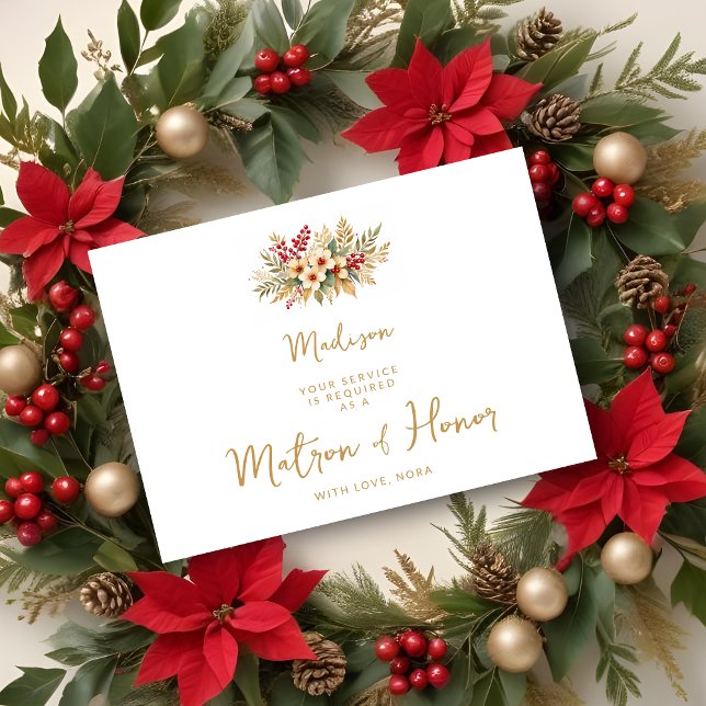 Delicar Glam Christmas Floral Matron Honra Dourada (Delicate Glam Christmas Floral Bouquet in Faux Gold Matron of Honor Wedding Proposals Cards.)