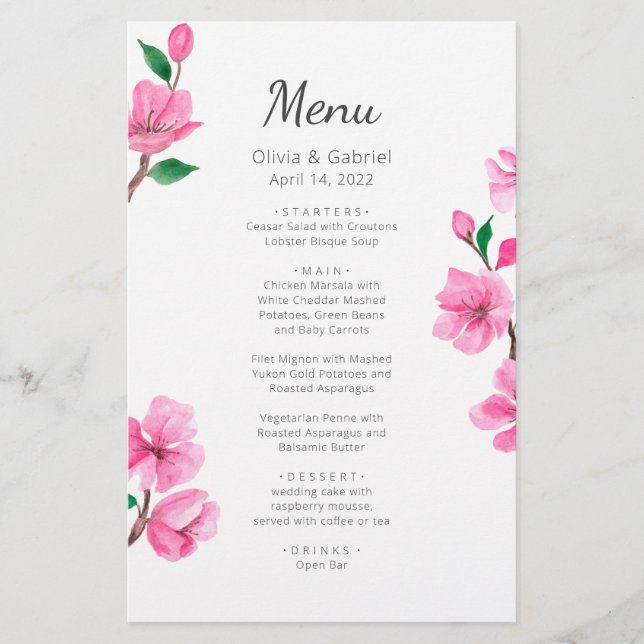 Delicar o Flor de Cereja. Menu de casamento da pri (Frente)