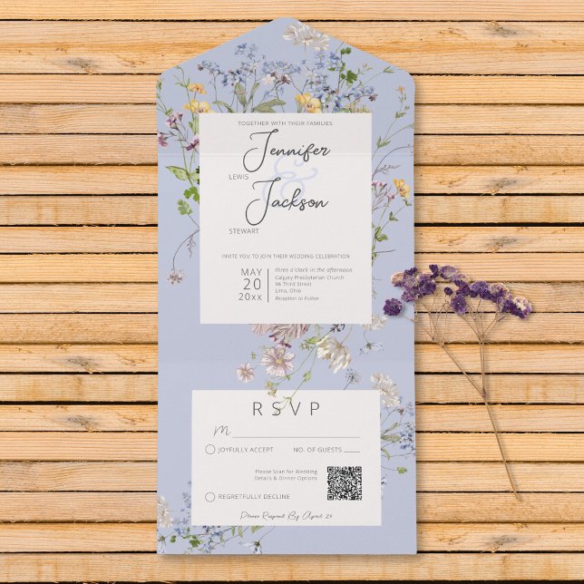 Delicate Boho Wildflower Periwinkle Código QR (Delicate Boho Wildflowers Periwinkle QR Code All In One Invitation)