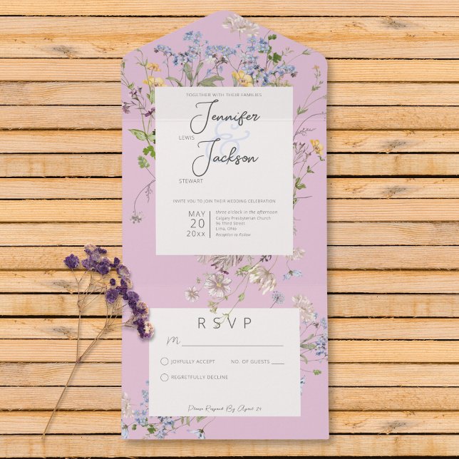 Delicate Boho Wildflower Rosa Sem Janto (Delicate Boho Wildflowers Pink No Dinner All In One Invitation)