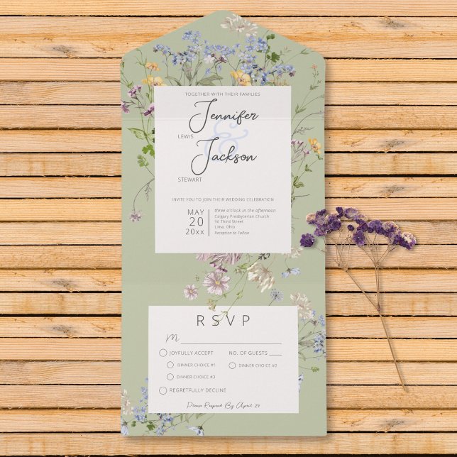 Delicate Boho Wildflower Sage Janto Verde (Delicate Boho Wildflowers Sage Green Dinner All In One Invitation)